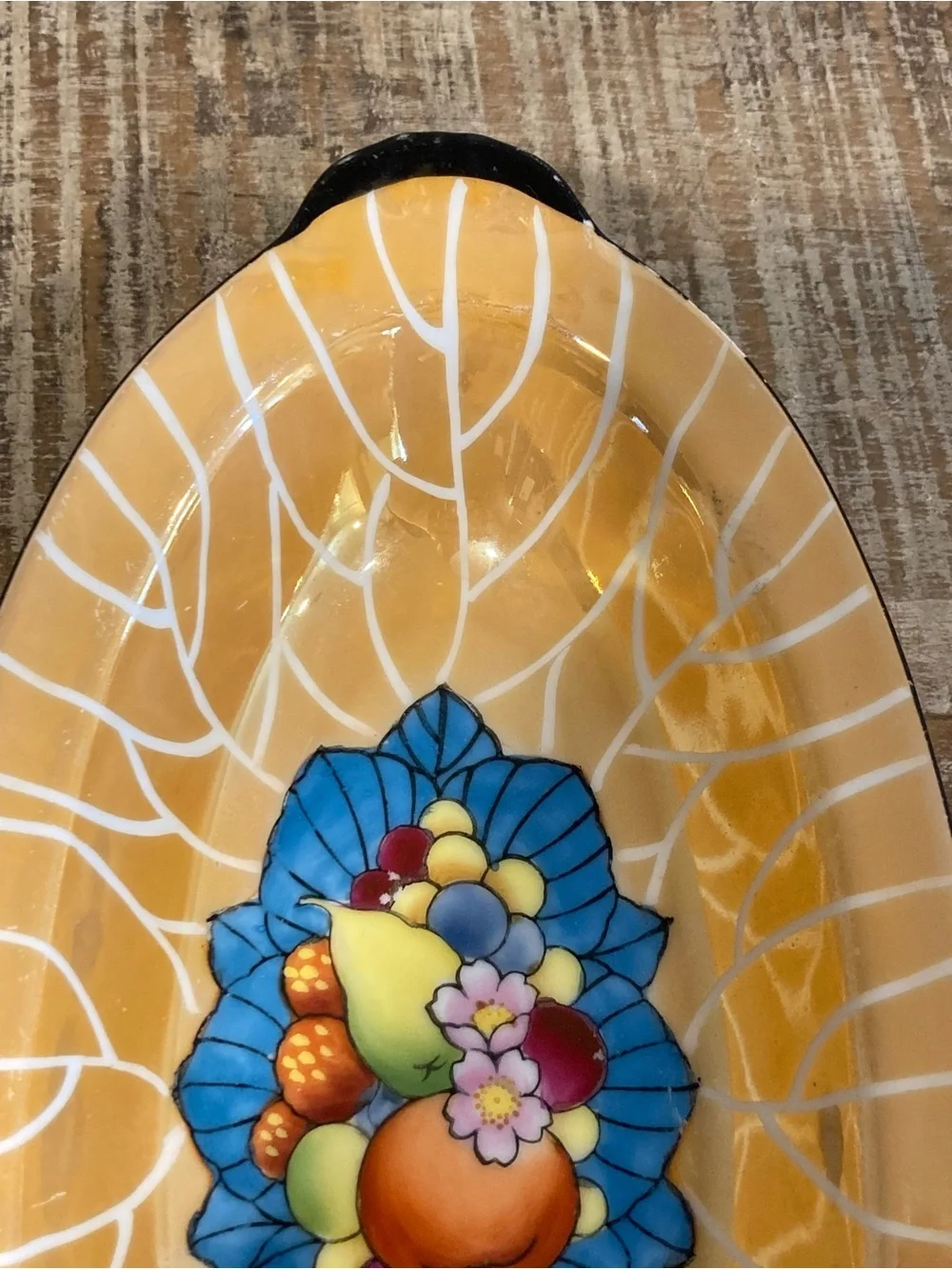 Vintage Noritake Peach Lusterware Oval Dish With Black Trim 8.5” Long